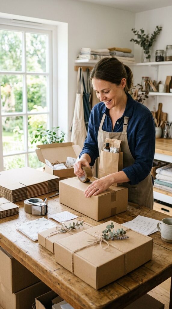 Small business owner packing subscription boxes at a workshop table