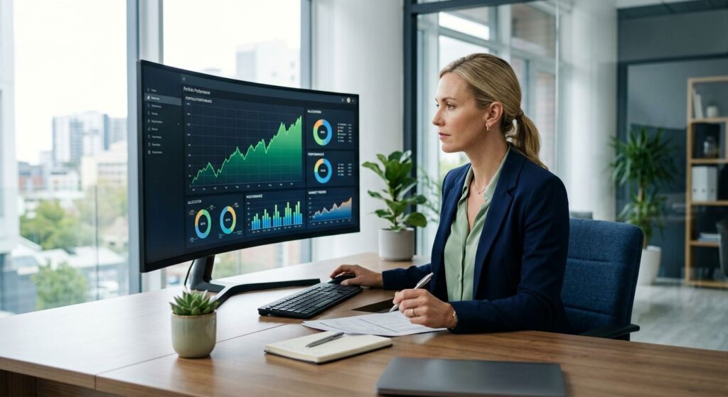 Financial advisor reviewing portfolio performance charts on a large monitor