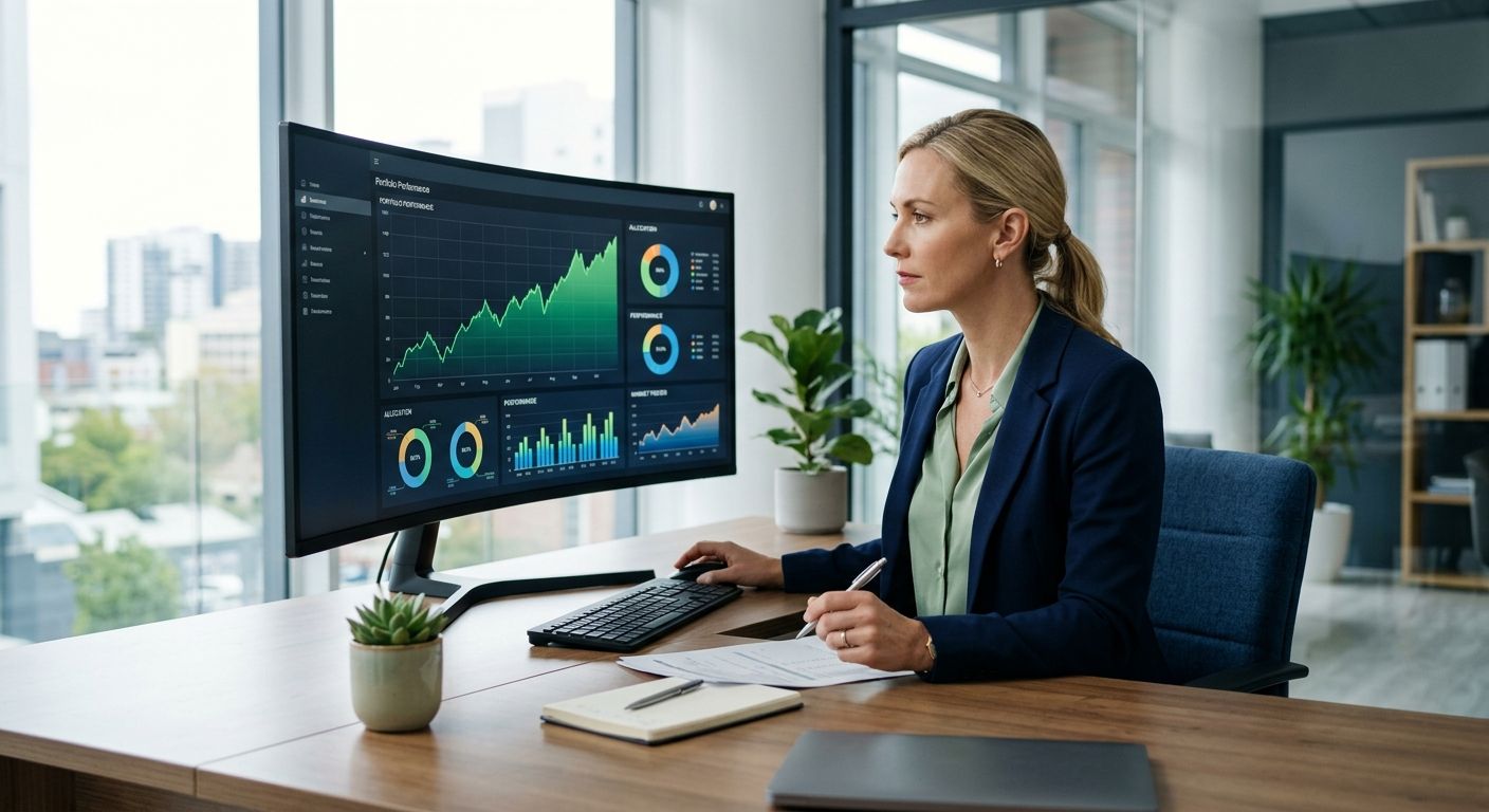 Financial advisor reviewing portfolio performance charts on a large monitor
