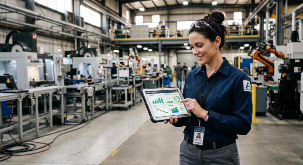 Factory operations manager reviewing production planning dashboard on a tablet in a manufacturing plant