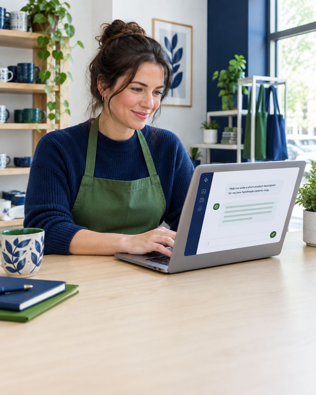 Small-business owner using a generative AI assistant on a laptop in her shop