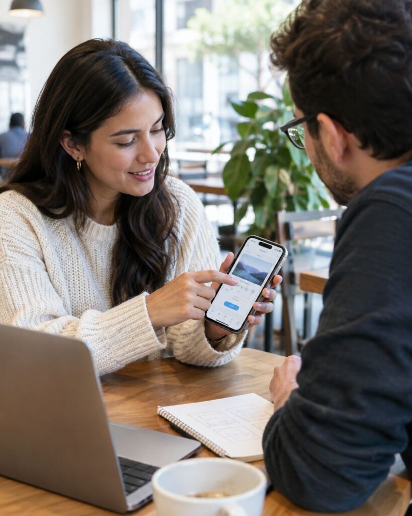 Non-technical founder reviewing an app prototype on a smartphone with a developer