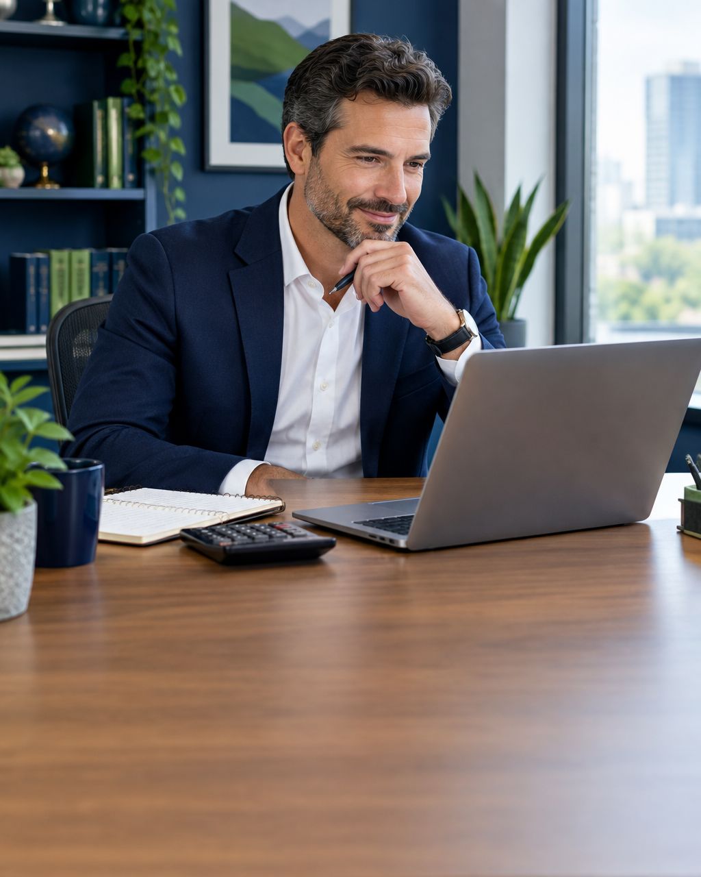 Business owner reviewing a software project budget with a calculator and laptop