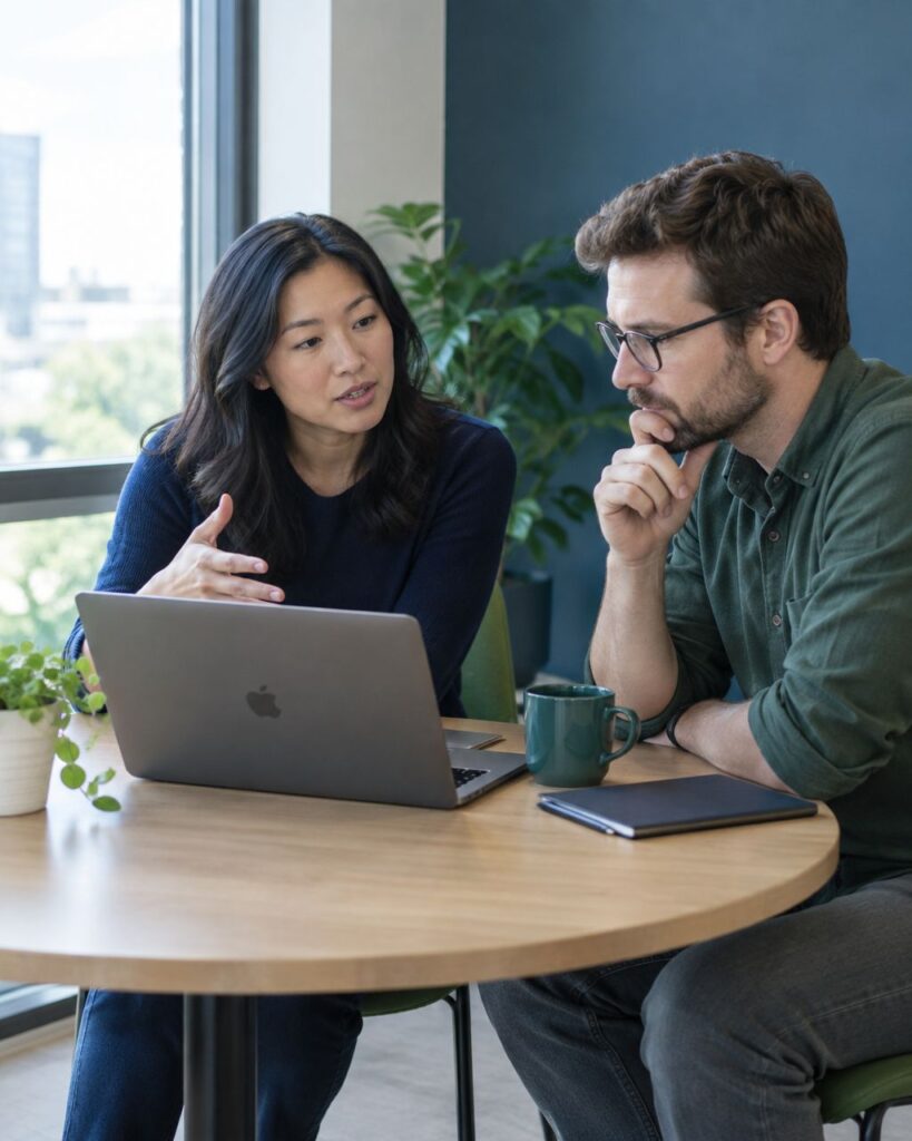 Startup founder and engineering lead discussing an AI-augmented development plan over a laptop