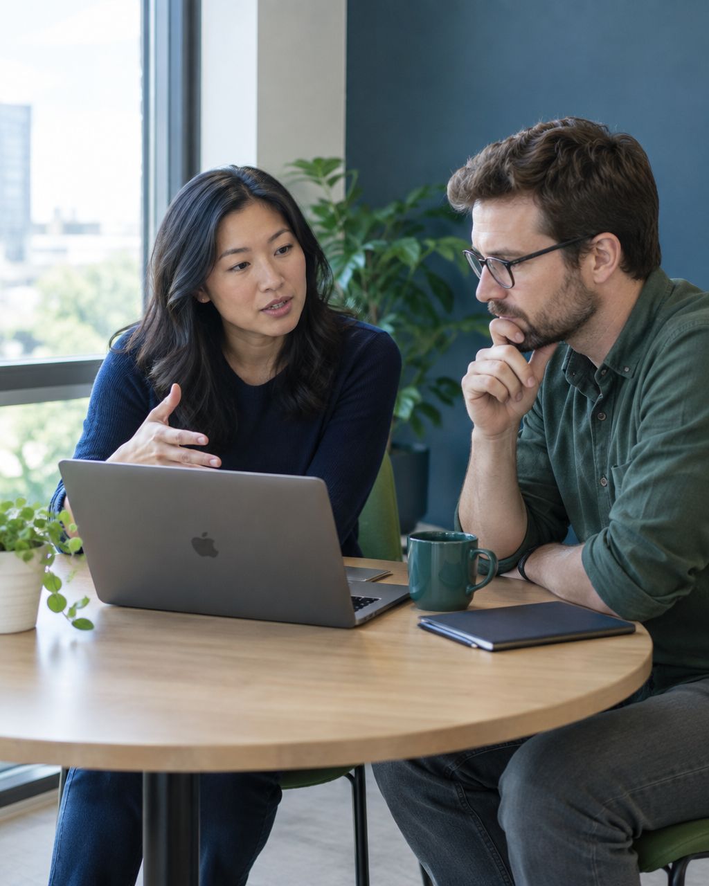 Startup founder and engineering lead discussing an AI-augmented development plan over a laptop