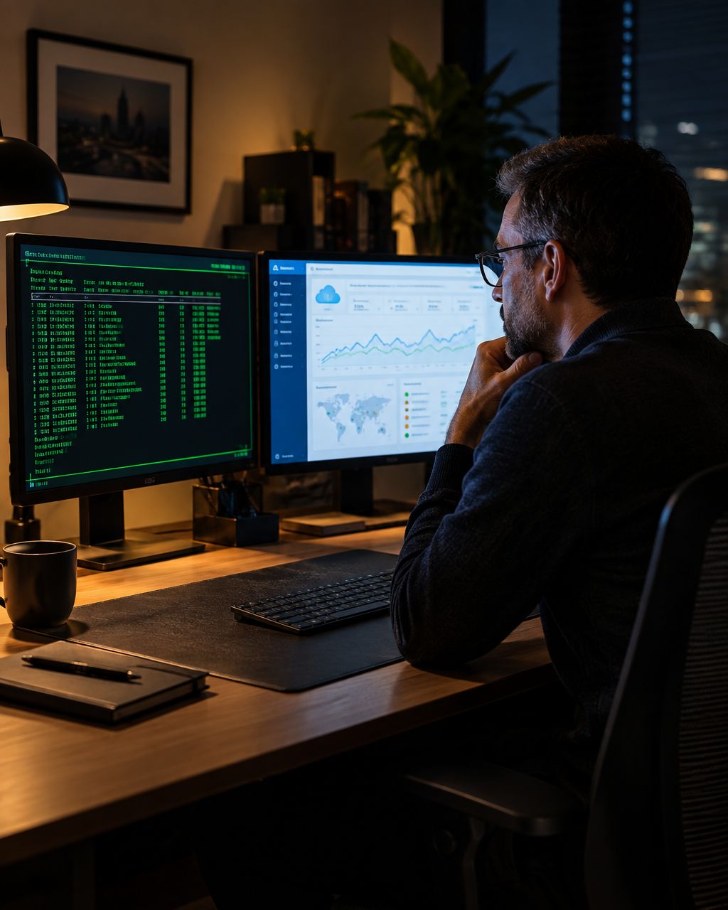 IT director comparing an older terminal screen with a modern cloud dashboard