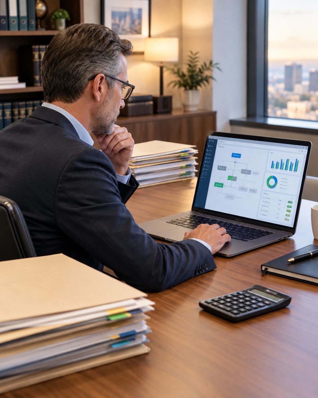 Accounting firm partner reviewing a financial workflow application on a laptop