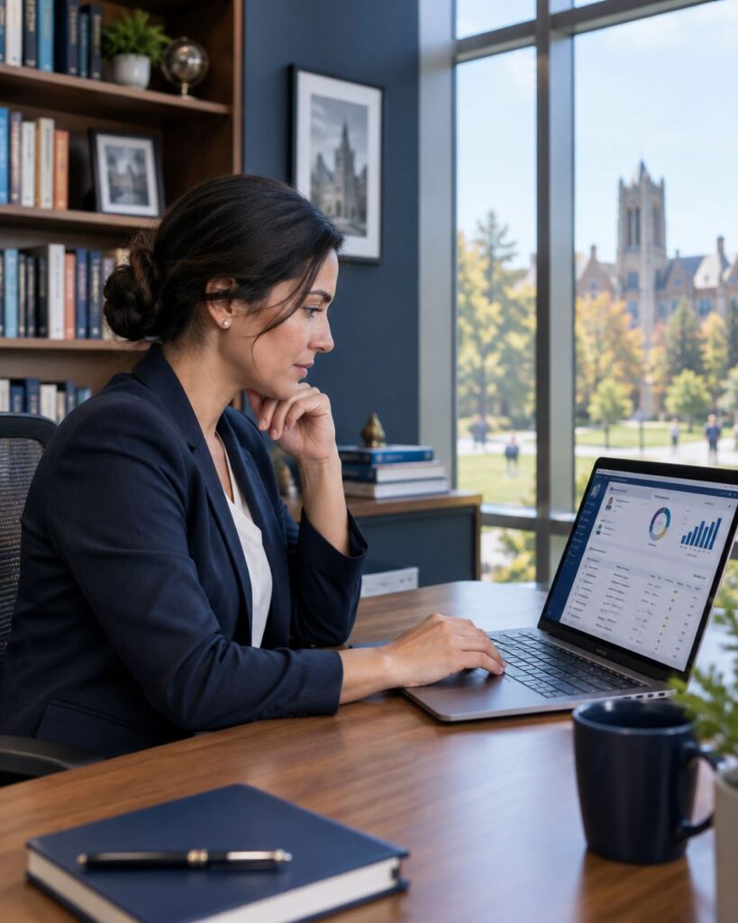 University administrator reviewing a student records dashboard on a laptop with campus in the background