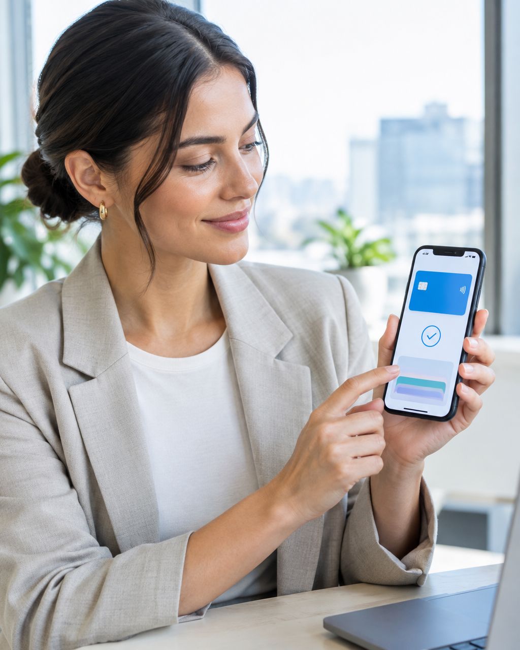 Business user completing a payment in a custom e-wallet app on a smartphone