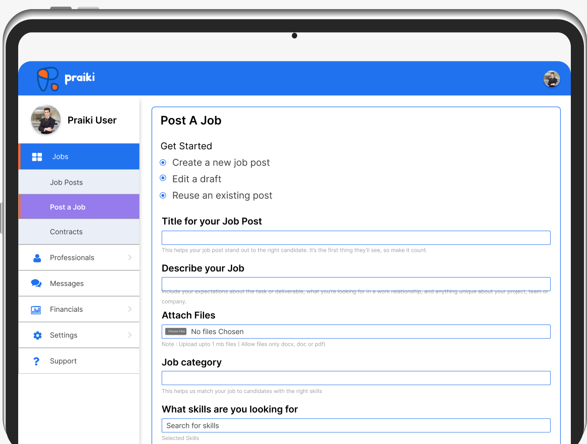 Praiki web app screen 1