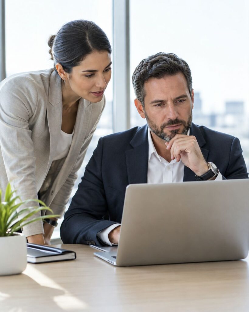 Business leaders reviewing a generative AI project proposal on a laptop