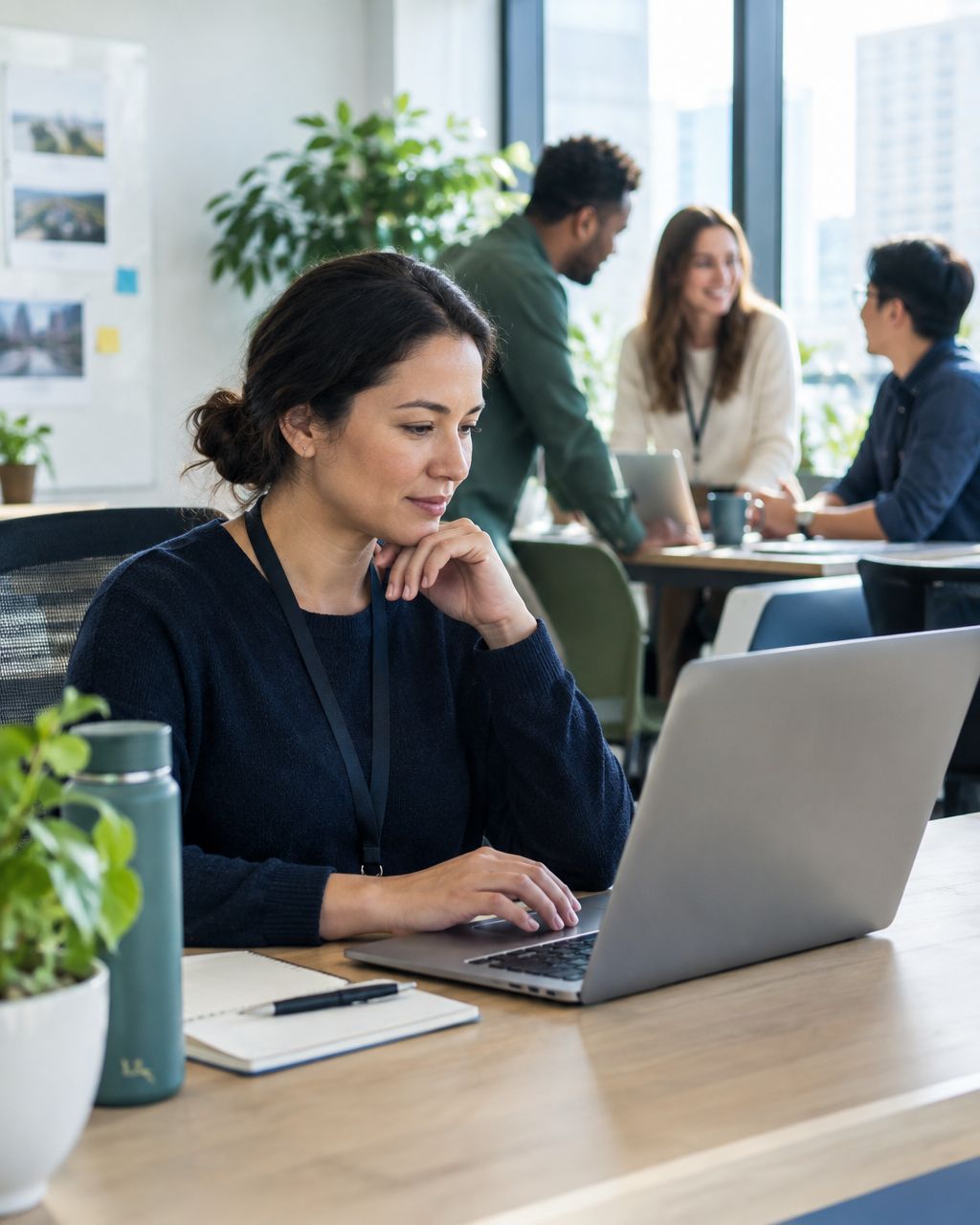 Support lead searching a company knowledge base on a laptop in an open office