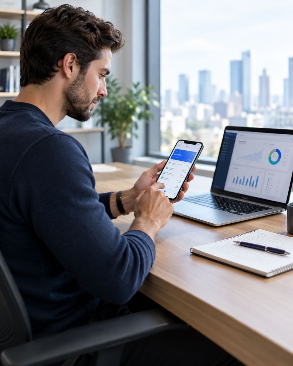 Fintech founder reviewing a mobile banking app in a modern office