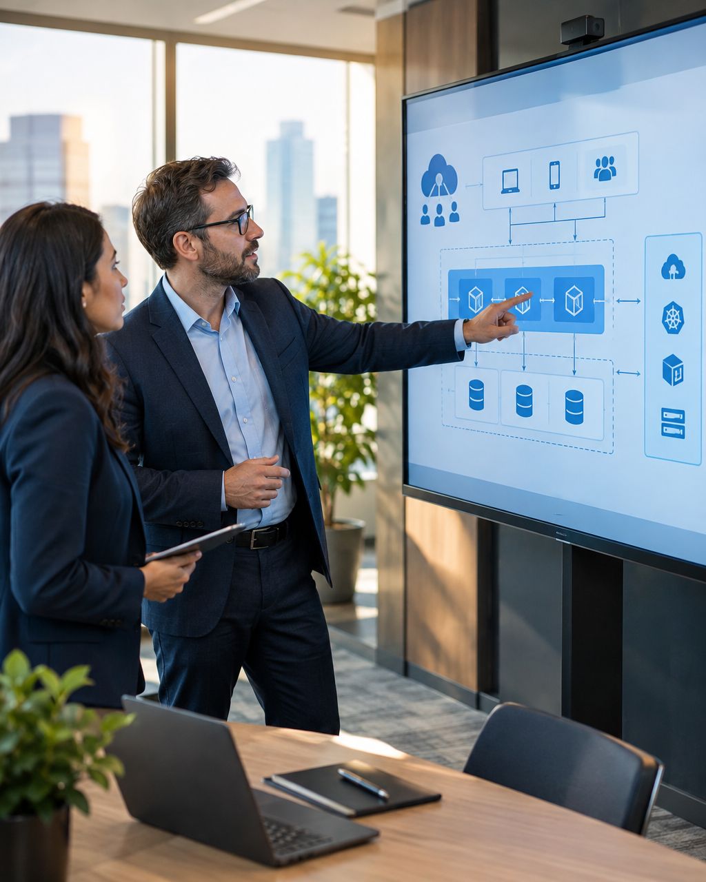 Business professionals reviewing a legacy software modernization plan on a large screen