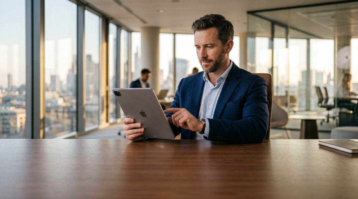 Finance professional reviewing a secure banking application on a tablet