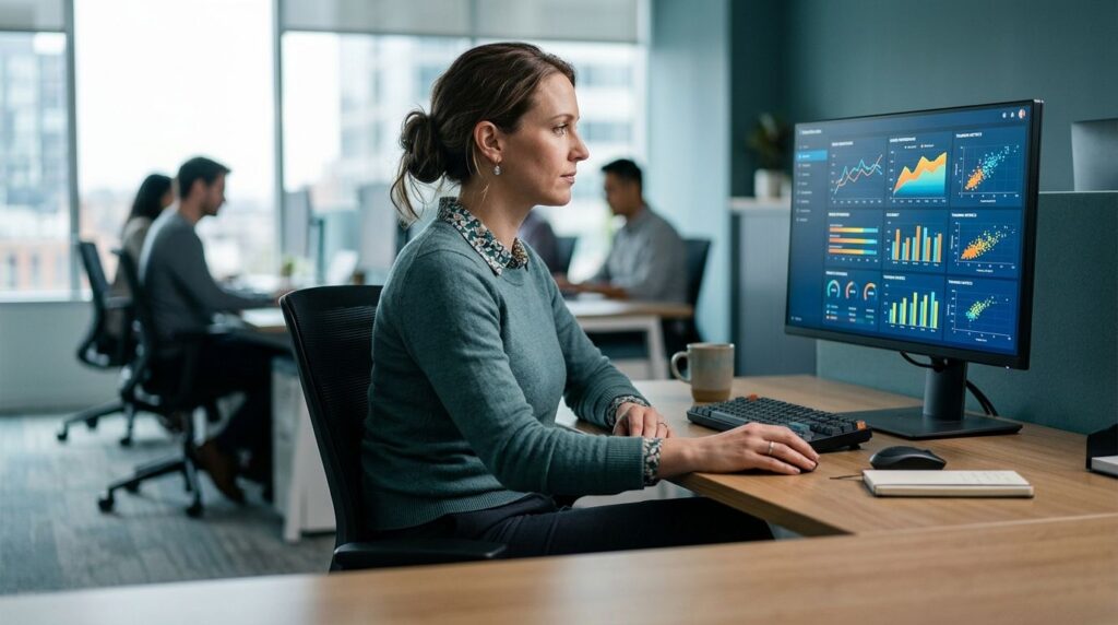 Analyst reviewing machine learning model dashboards on a monitor