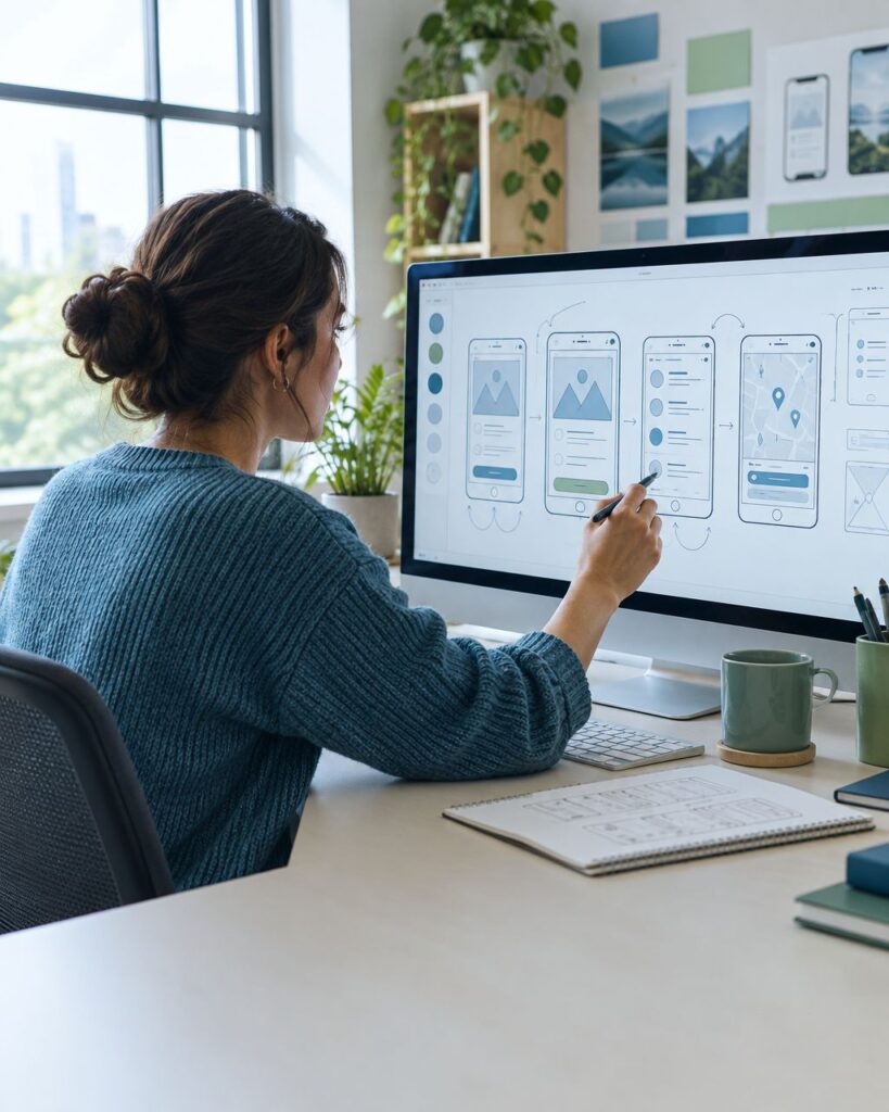 Product designer sketching mobile app wireframes on a large monitor in a modern design studio