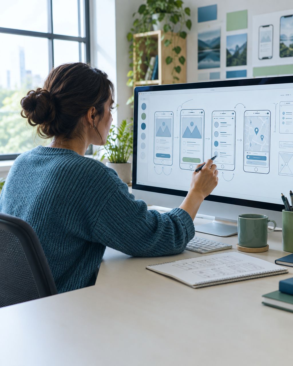 Product designer sketching mobile app wireframes on a large monitor in a modern design studio