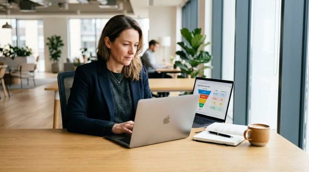 Sales director reviewing a customer pipeline funnel on a laptop