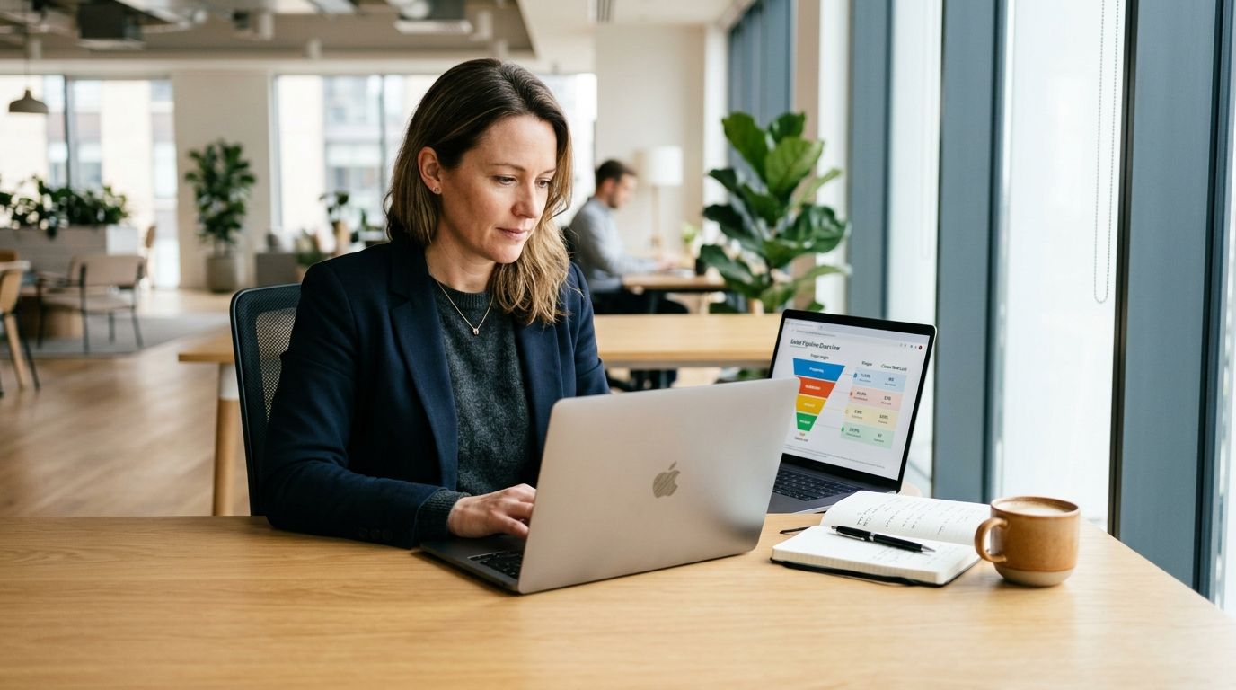 Sales director reviewing a customer pipeline funnel on a laptop
