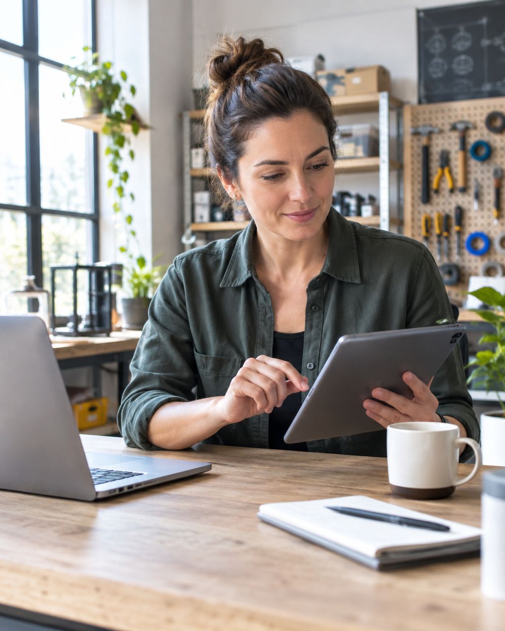 Small business owner reviewing a custom software workflow on a tablet