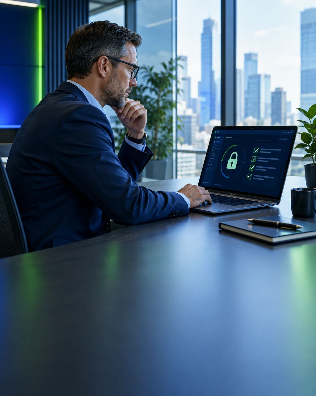 Executive reviewing an AI data-governance checklist with a padlock console on a laptop in a glass office