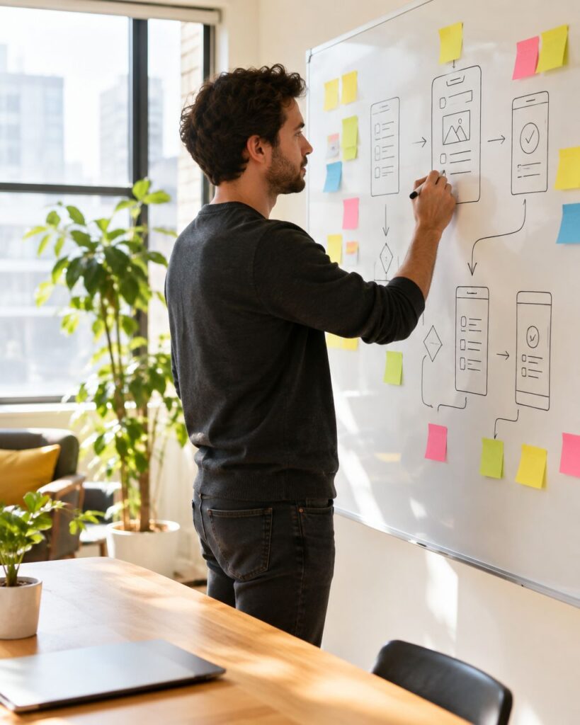 Startup founder sketching a product flow on a whiteboard with sticky notes