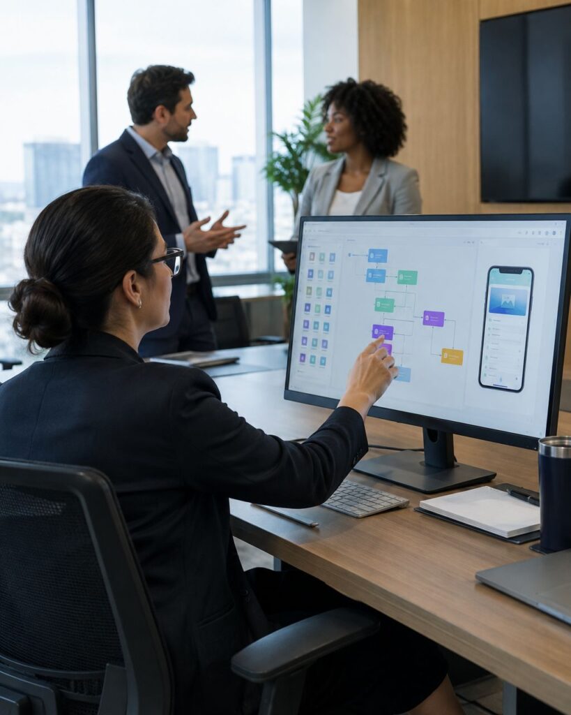 Enterprise operations manager assembling an app from visual blocks on a large monitor