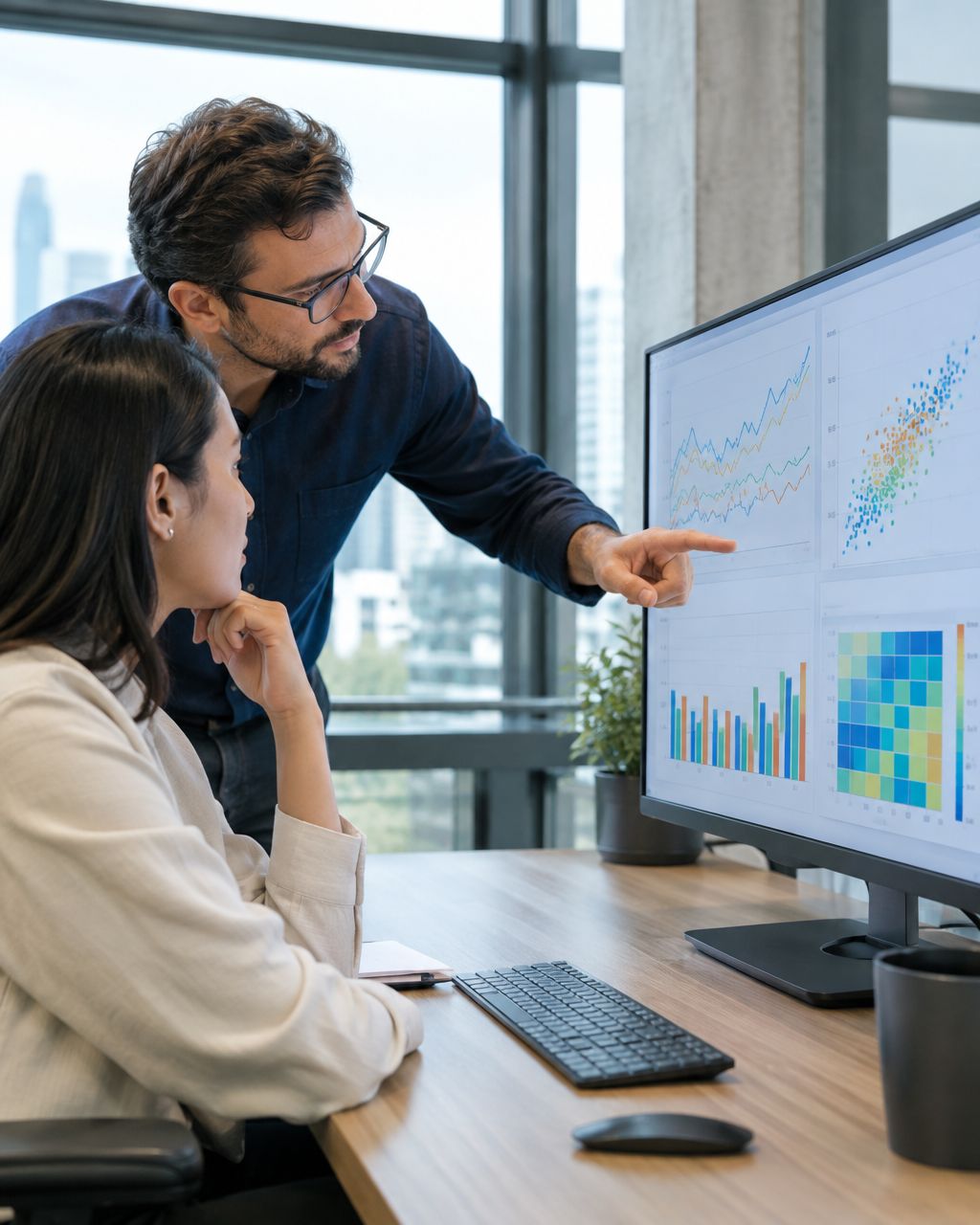 Business analyst reviewing machine learning model performance charts with a colleague