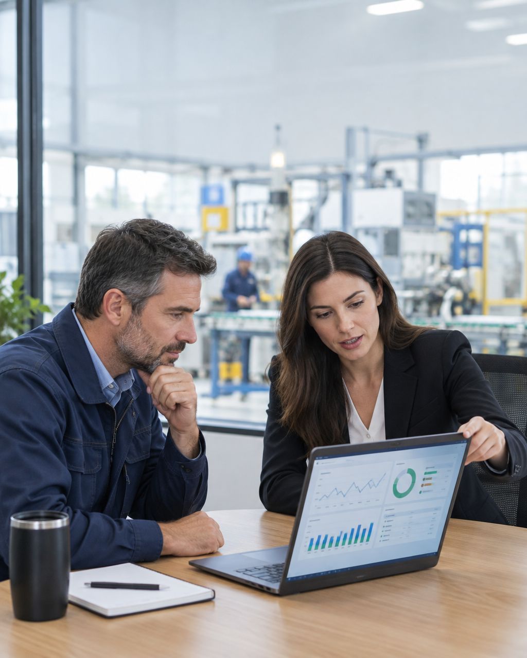 Manufacturing manager and consultant reviewing production quality dashboard