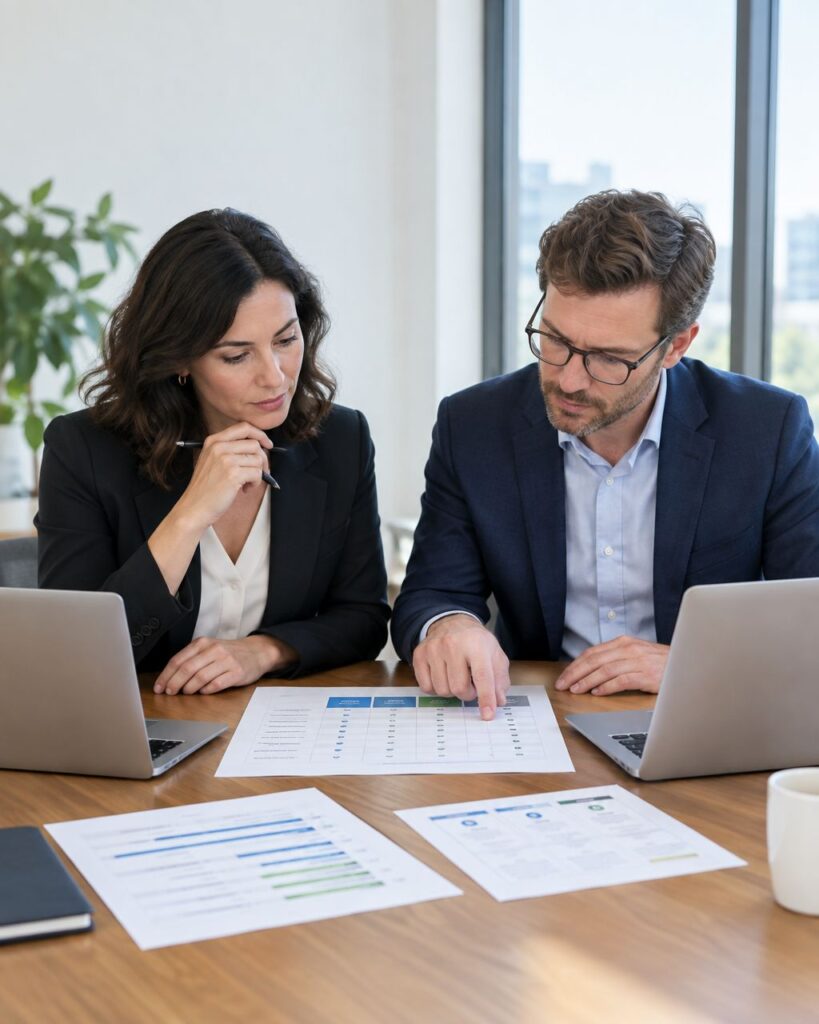 Executives comparing software development vendor proposals side by side