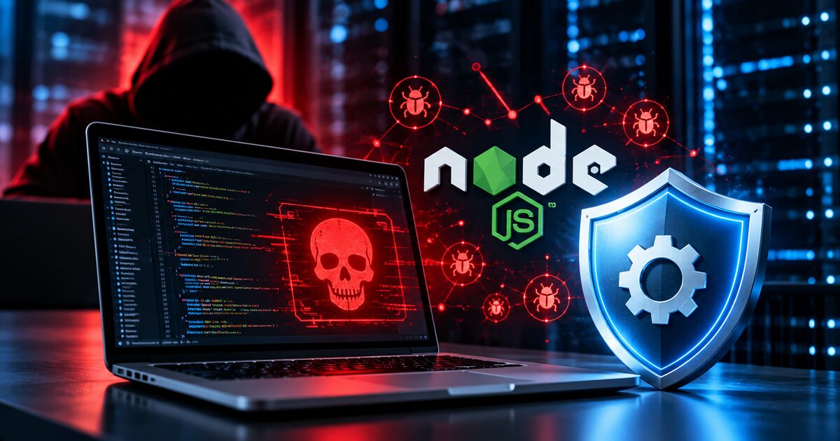 Node.js security update: laptop showing a red skull beside the Node.js logo, red bug icons and a blue shield with a gear in a dark server room