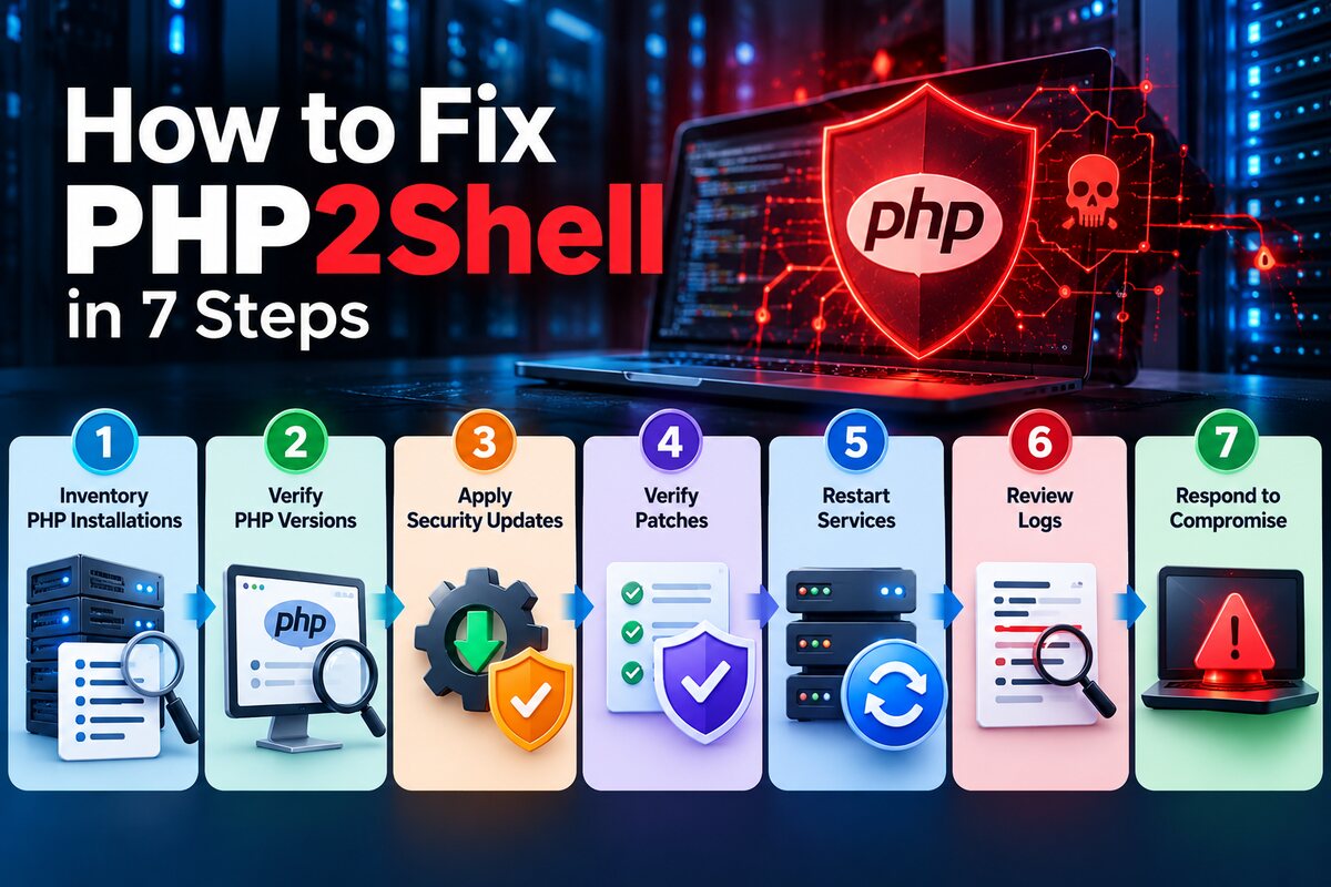 How to fix PHP2Shell in 7 steps: inventory PHP installations, verify PHP versions, apply security updates, verify patches, restart services, review logs, respond to compromise