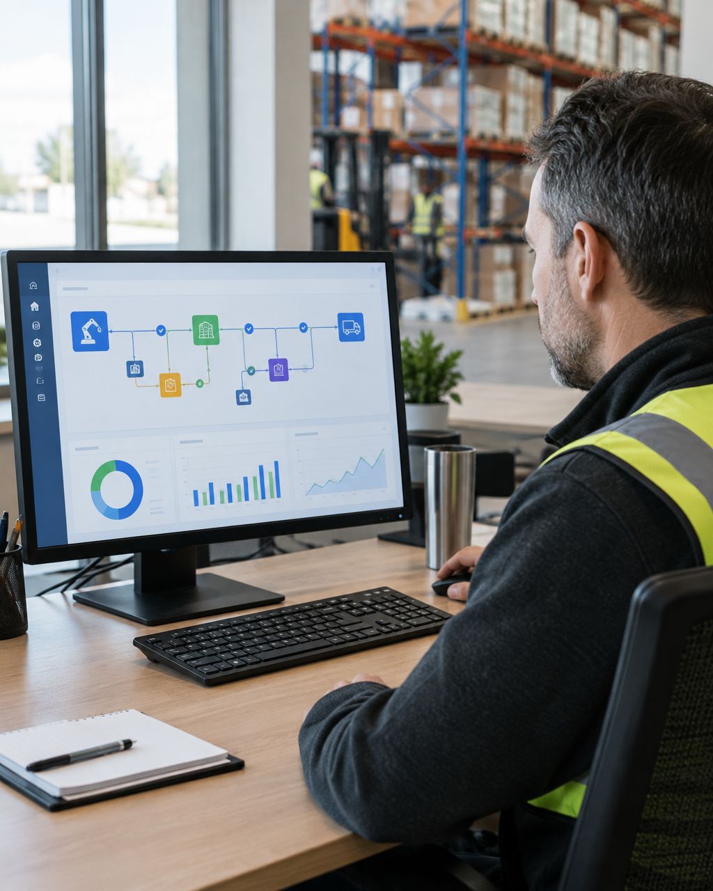 Operations manager watching a workflow automation dashboard on a monitor in a warehouse office