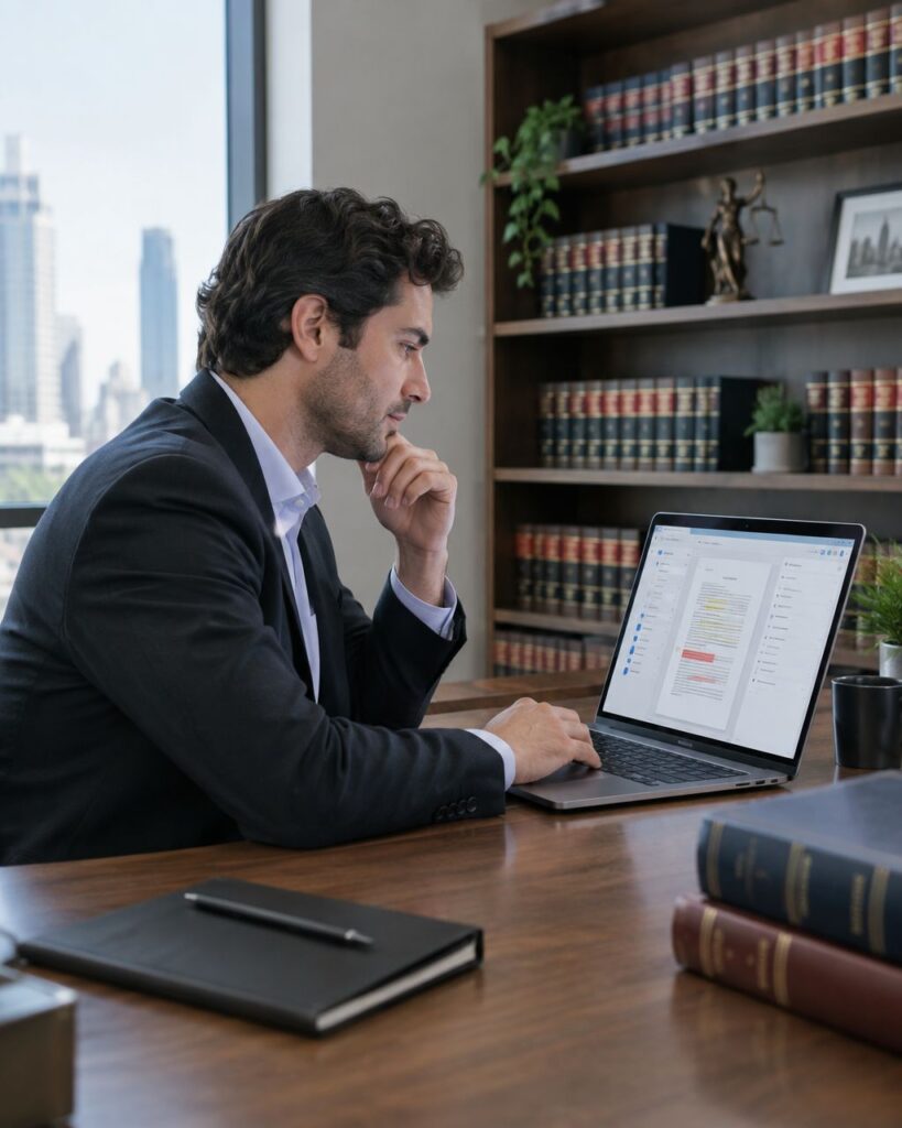 Legal professional reviewing a document-review platform on a laptop in a law office