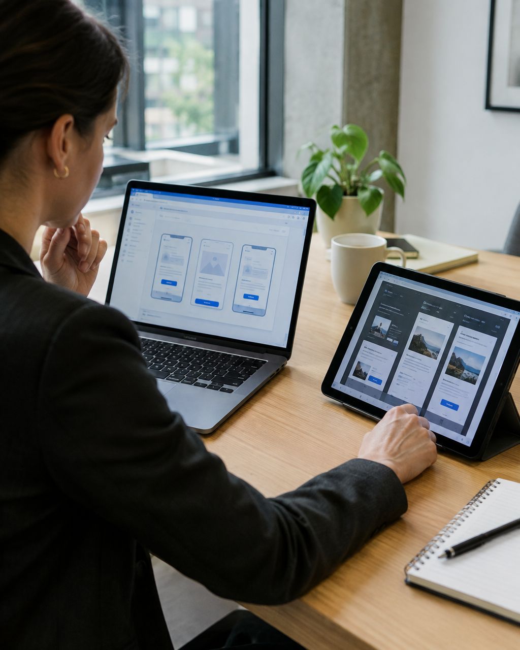 Decision-maker comparing two development team proposals on a laptop and a tablet