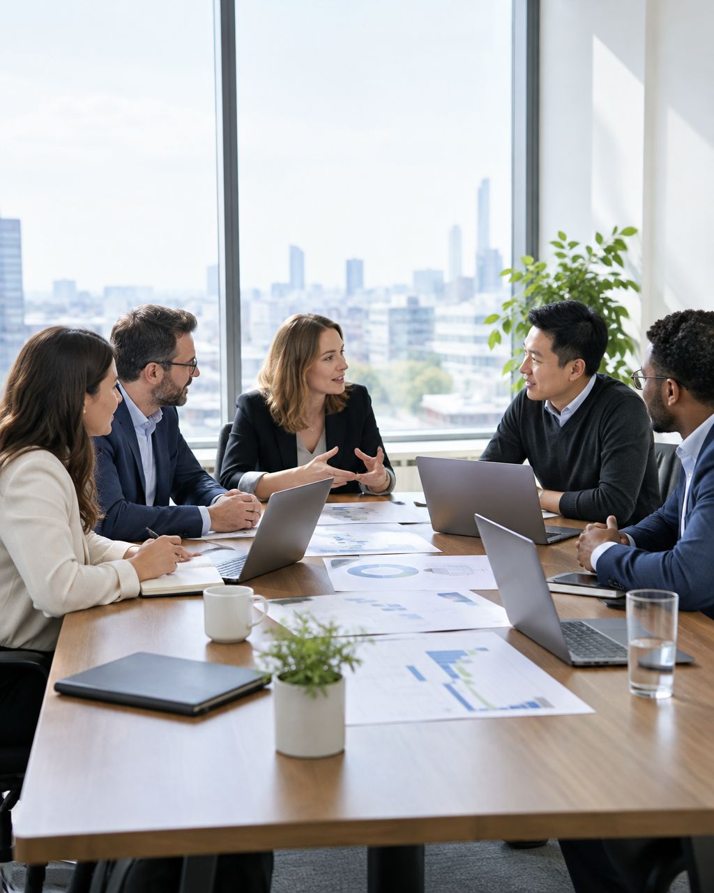 Client and vendor teams comparing software project plans across a table