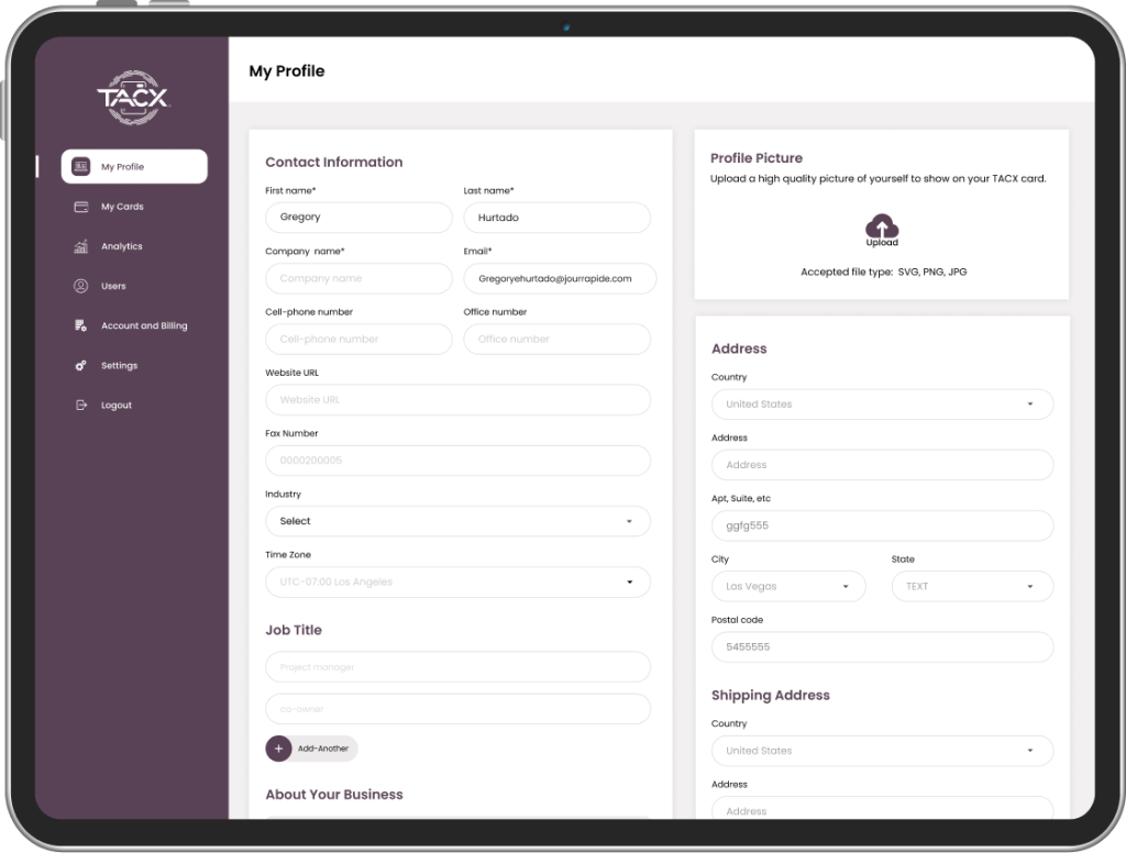 Tacx NFC digital business card platform - My Profile screen