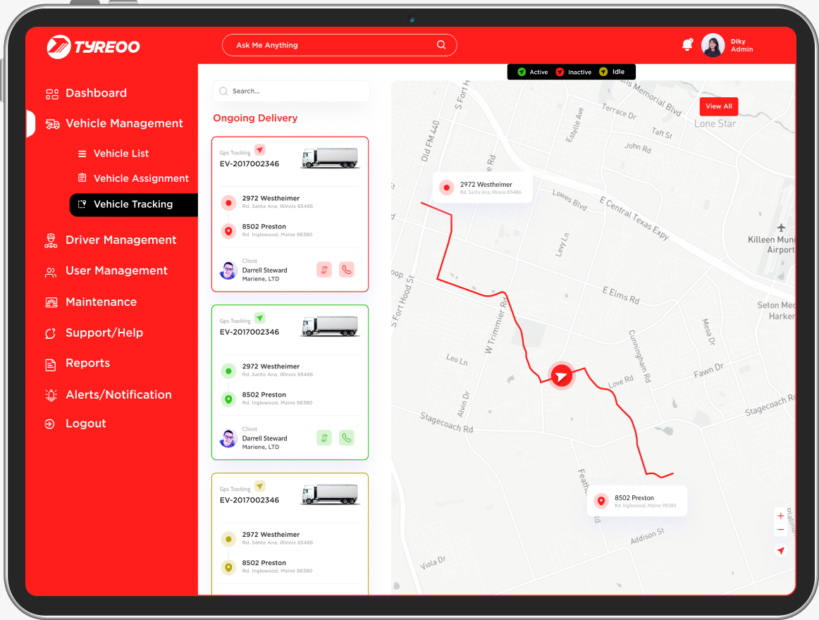 Tyreoo fleet management web app screen 2