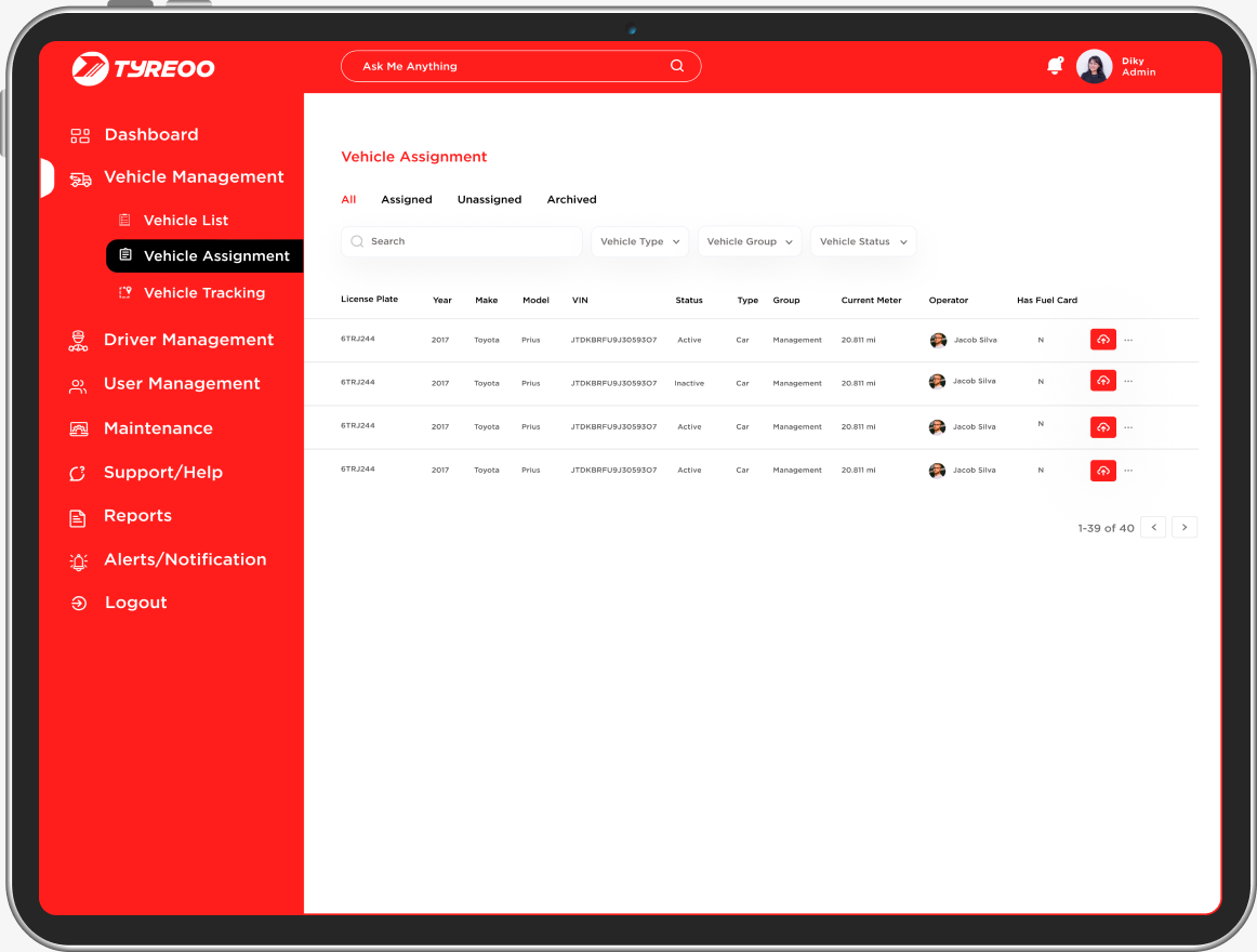 Tyreoo fleet management web app screen 3