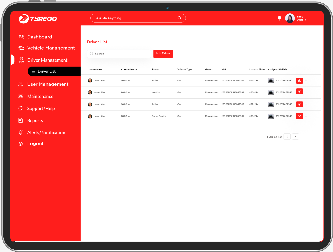 Tyreoo fleet management web app screen 4