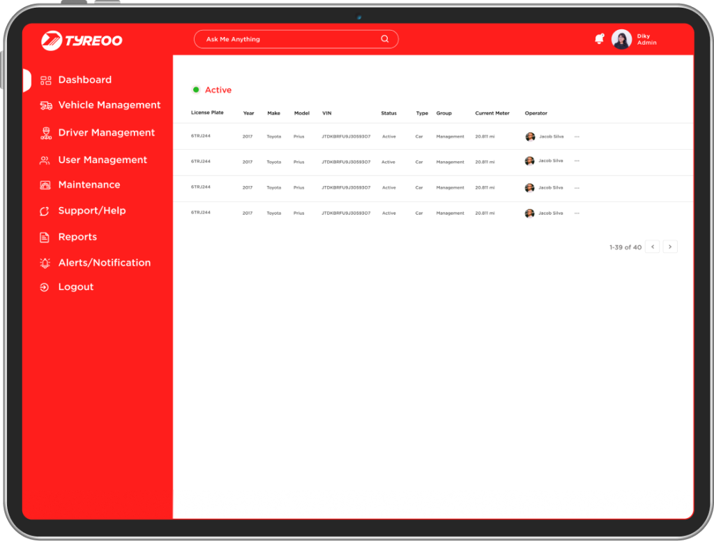 Tyreoo fleet management web app on a tablet
