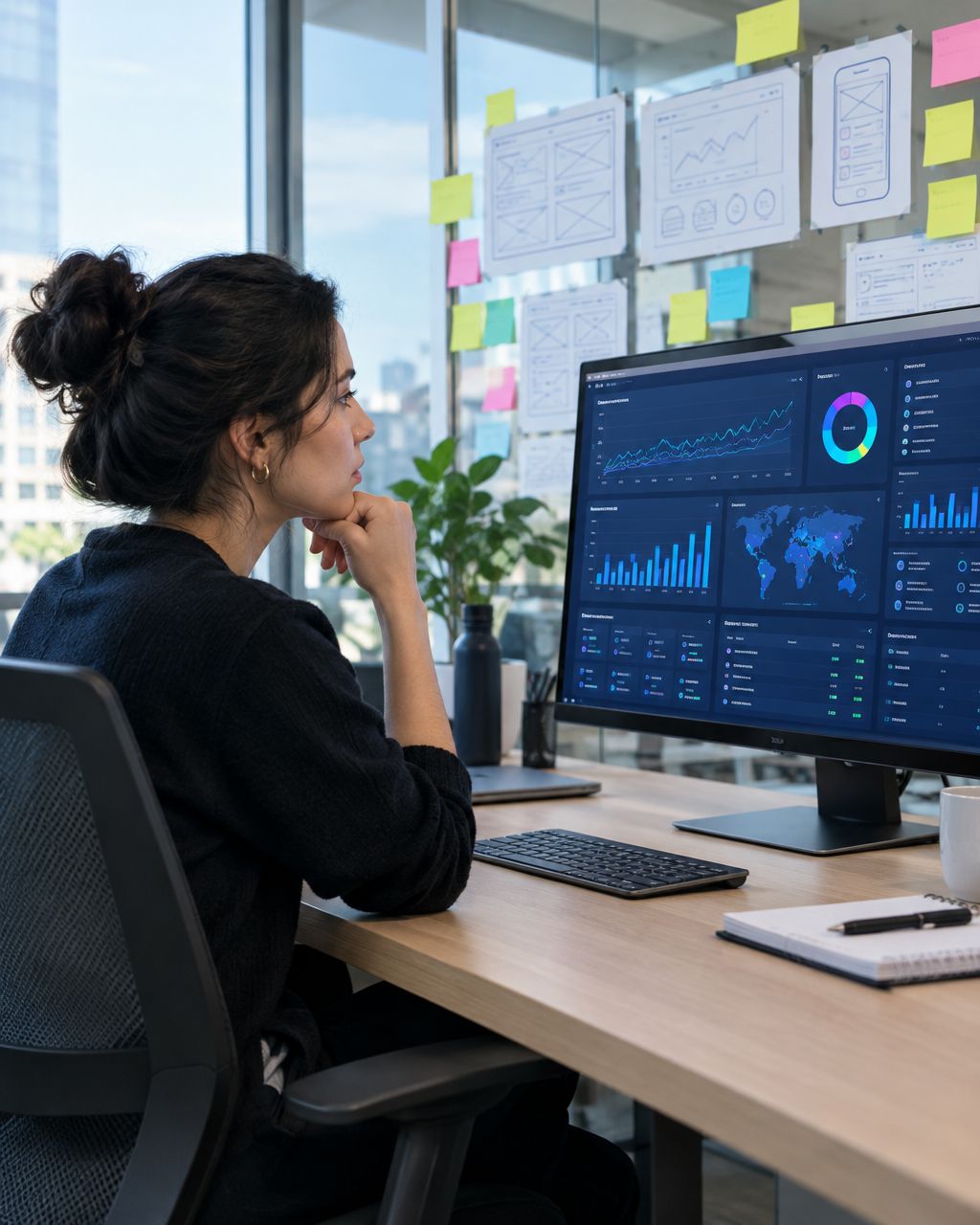 SaaS product manager reviewing an analytics dashboard in a modern office