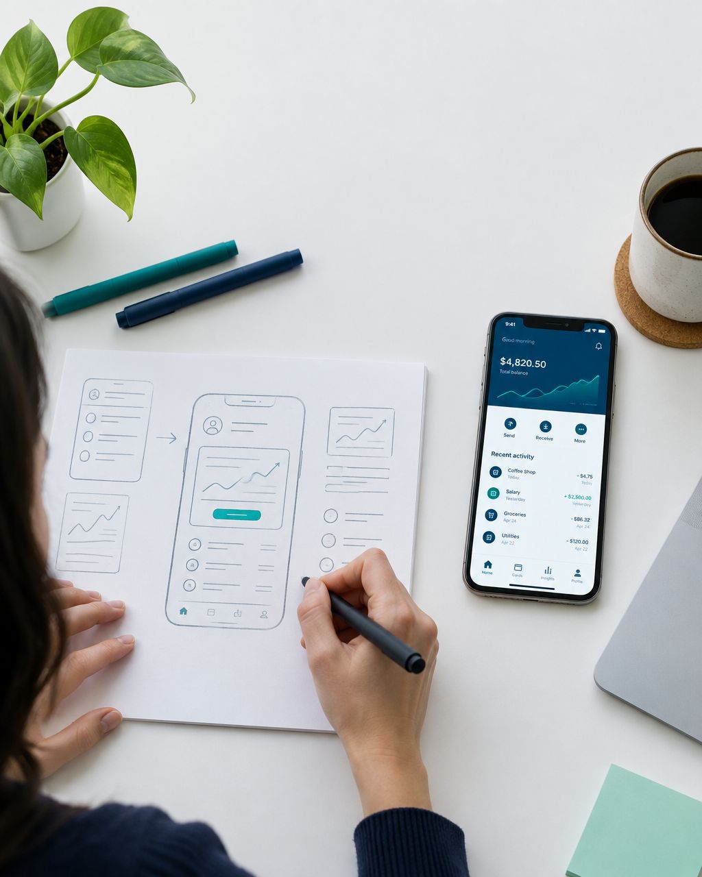 Designer sketching a fintech app interface beside a smartphone