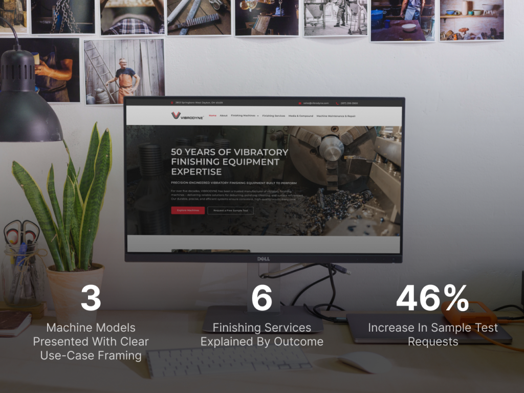 Vibrodyne - case study card, hover state with results