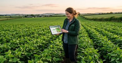 Agronomist reviewing field data on a tablet in a crop field