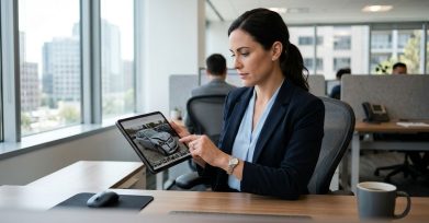 Insurance claims adjuster reviewing damage assessment photos on a tablet