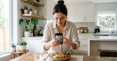 Person photographing a healthy meal bowl with a smartphone in a bright kitchen