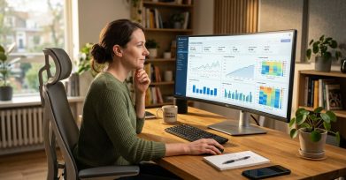 E-commerce manager reviewing AI customer lifetime value analytics