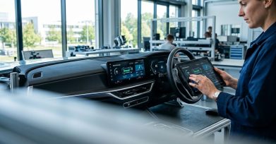 Automotive engineer reviewing connected vehicle software on a tablet in an engineering lab